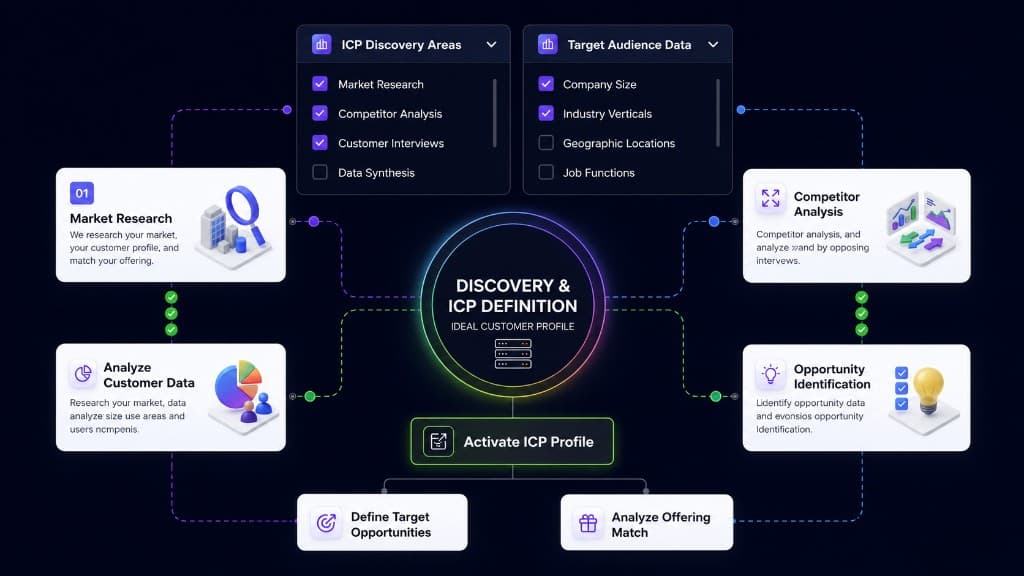 Discovery and ICP definition workflow — market research, competitor analysis, customer data, and opportunity identification.