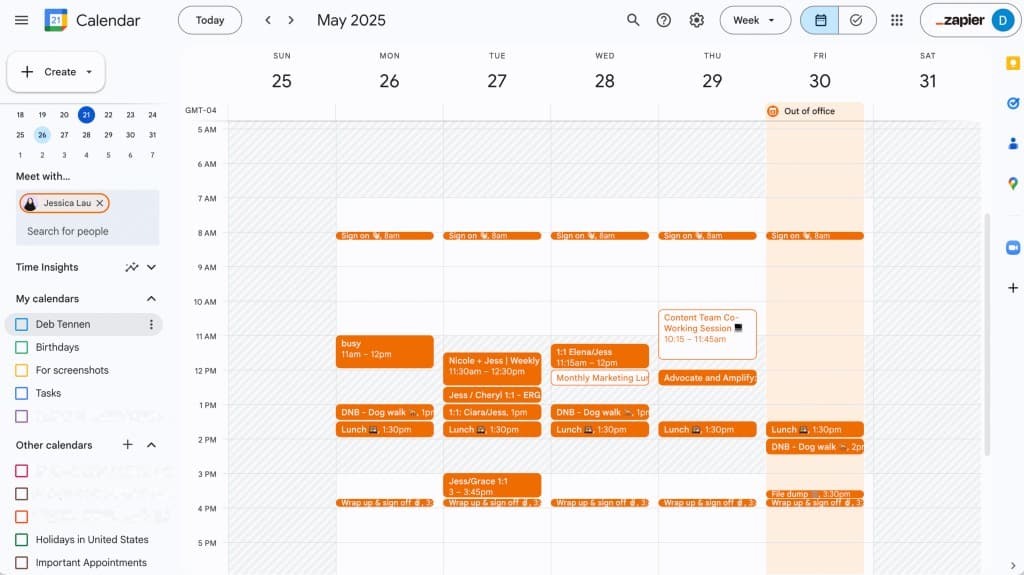 Week view calendar showing recurring work blocks and multiple 1:1 meetings